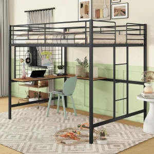 Full Size Metal Loft Bed Frame with L-Shape Desk