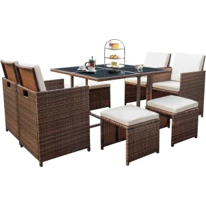 9 Pieces Patio Dining Sets, Rattan w/Glass Table